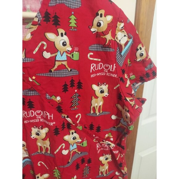 Rudolph the Red Nosed Reindeer Christmas Scrub Shirt Top Peds Dentist Vet Sz L - Picture 5 of 7
